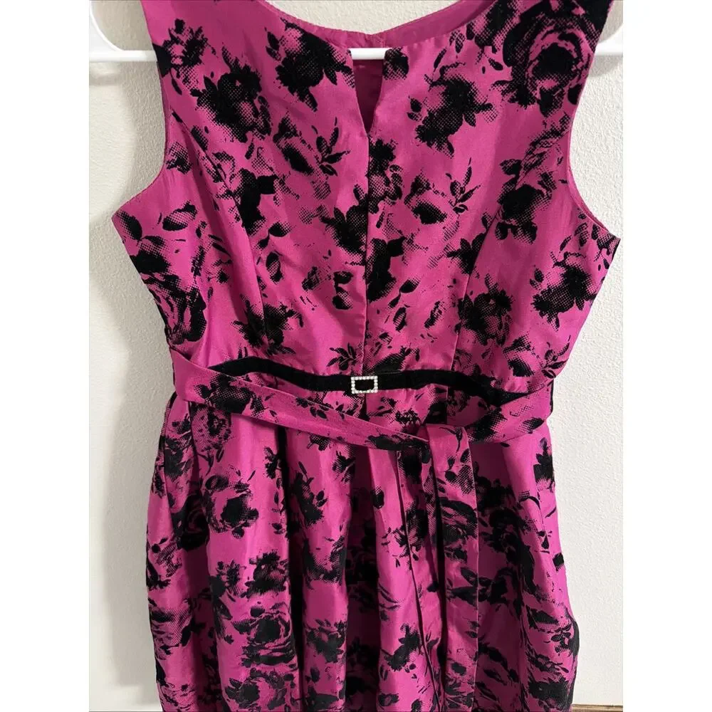 Jona Michelle Girls Hot Pink Black Velvet Flocked Floral Dress Size 12 Party